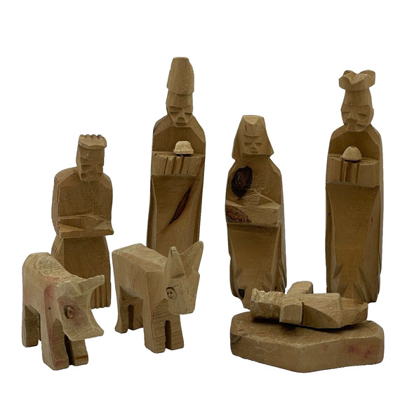 VTG Hand Carved Bethlehem Olive Wood Christmas Holy Nativity Set of 11 - Picture 2 of 11